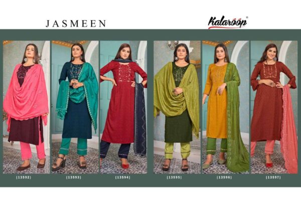 kalaroop jasmeen 13592 13597 series fancy rayon kurti and pant with dupatta catalogue online exporter surat 7 2023 01 20 16 06 15