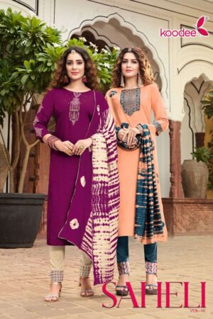 koodee saheli vol 16 1601 1606 series latest chinon silk fancy kurtis bottom with dupatta set wholesale price 2022 11 01 12 28 25