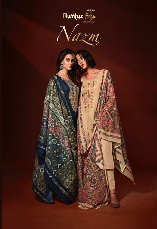 MUMTAZ ARTS NAZM New Catalogue Rehmat Boutique Dress Material  MUMTAZ ARTS NAZM, MUMTAZ ARTS NAZM latest catalogue 2023, MUMTAZ ARTS NAZM single piece, MUMTAZ ARTS NAZM Catalogue price, MUMTAZ ARTS NAZM wholesale price, MUMTAZ ARTS NAZM latest catalogue, MUMTAZ ARTS NAZM suits price, MUMTAZ ARTS NAZM ethnic, MUMTAZ ARTS NAZM indian salwar suit, MUMTAZ ARTS NAZM dress material MUMTAZ-ARTS-NAZM-VISCOSE-JAM-SATIN-EMBROIDERY-SUITS-WHOLESALE-1