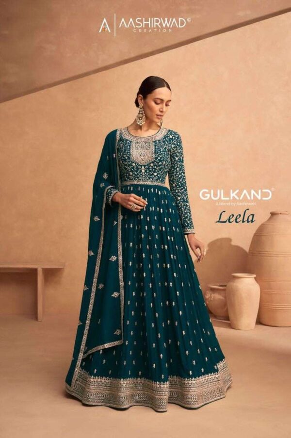 aashirwad creation leela 9485 9488 series real georgette designer party wear gown with dupatta latest catalogue 8 2023 02 02 15 34 23