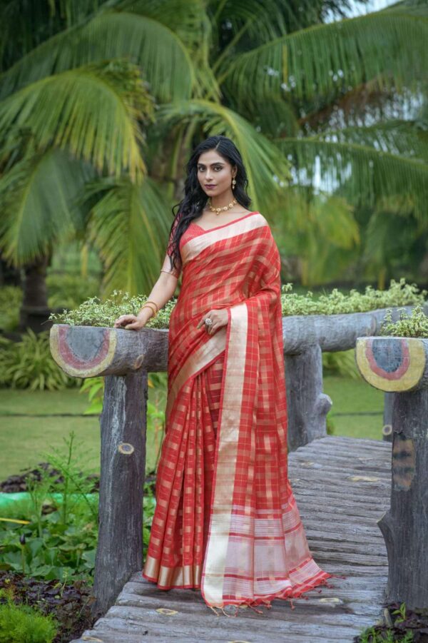 Bt-10 Soft Organza Silk Saree With All Over Zari Weaving Checks Pattern ...